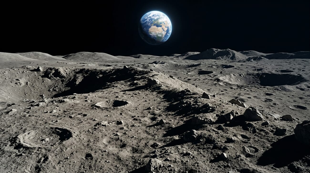 AI-generated example of a pristine lunar landscape with Earth above, for demonstration purposes