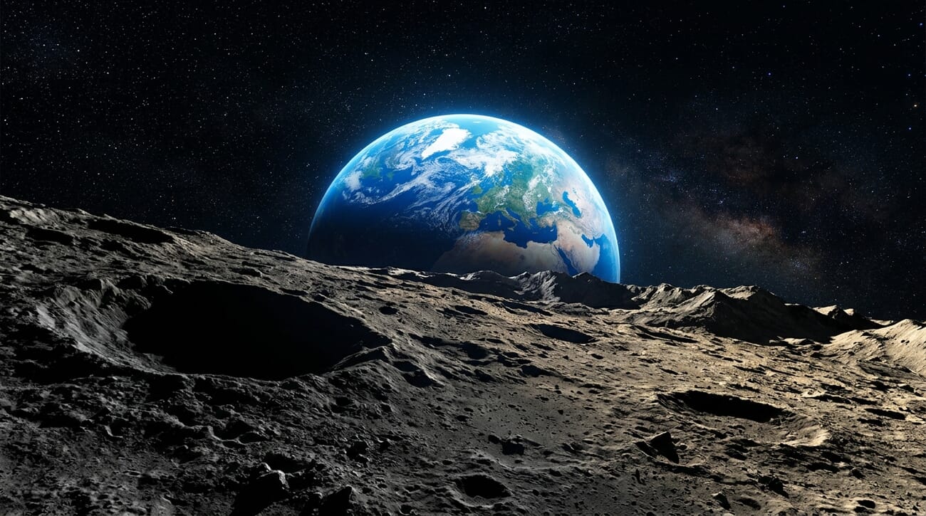 AI-generated example of a cinematic moon horizon with oversized Earth, for demonstration purposes