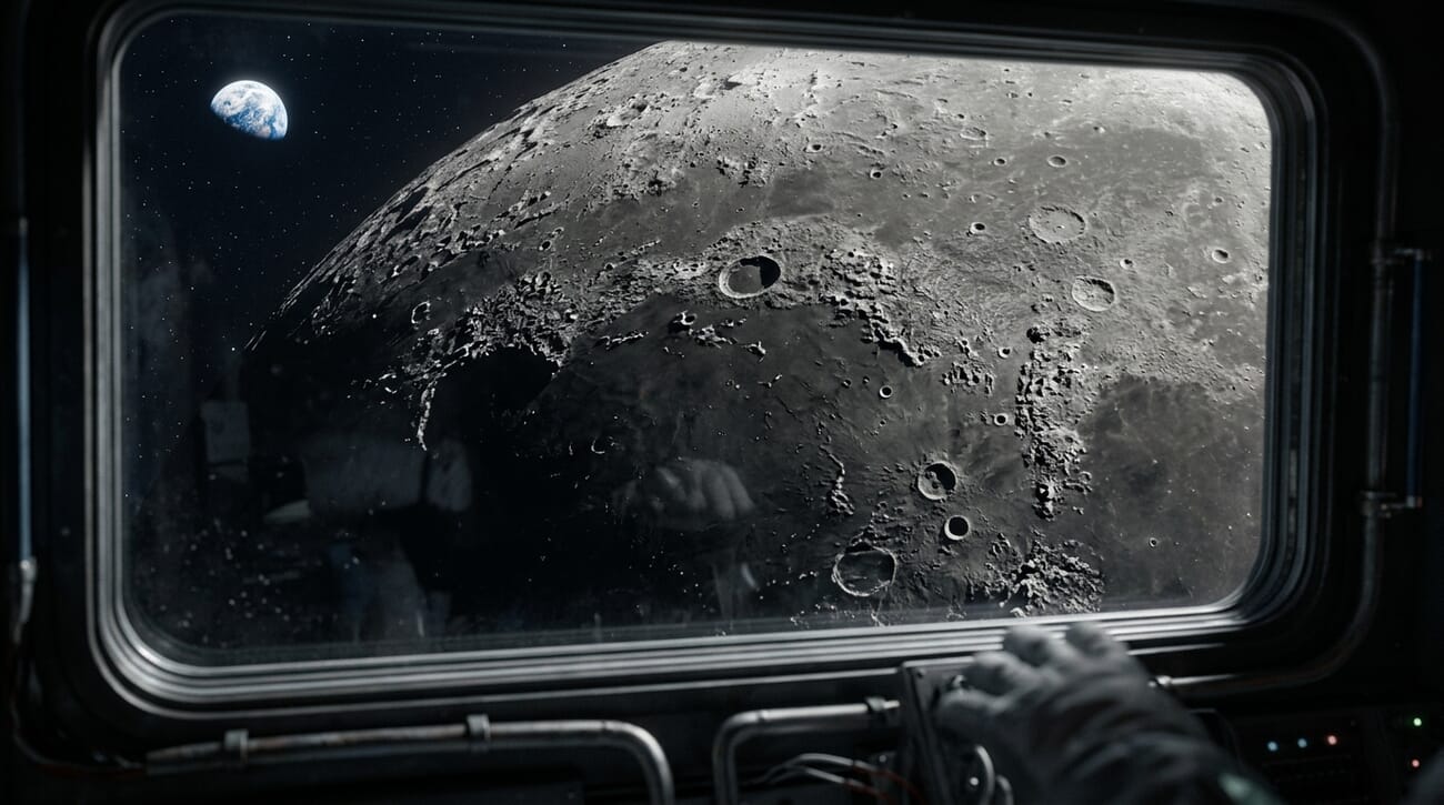 AI-generated example of a moon view through a rectangular spacecraft window, for demonstration purposes