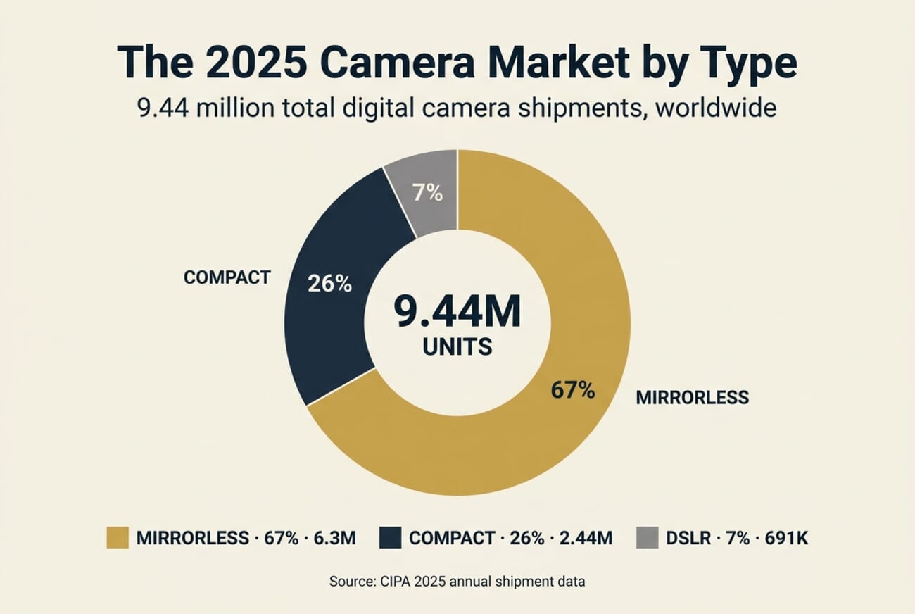 2025 camera market by type pie chart: Mirrorless 67% (6.3M), Compact 26% (2.44M), DSLR 7% (691K)