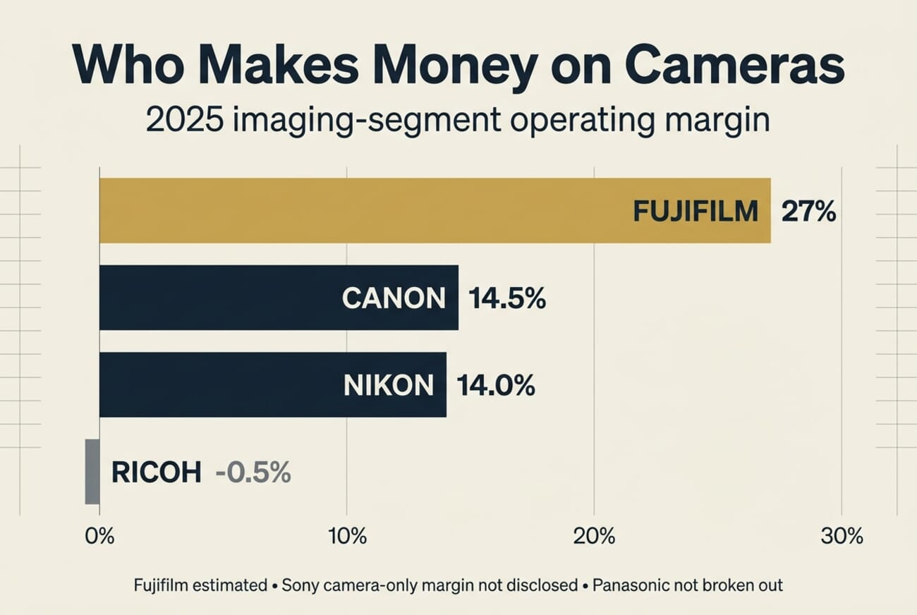 2025 imaging segment operating margin — bar chart: Fujifilm ~27%, Canon 14.5%, Nikon 14%, Ricoh -0.5%