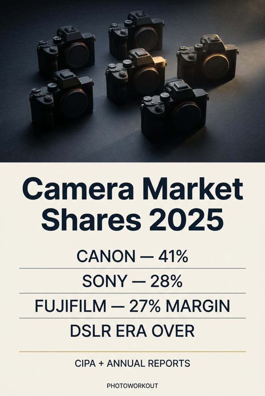 Pinterest pin: Camera Market Shares 2025 — Canon 41%, Sony 28%, Fujifilm 27% margin, DSLR era over