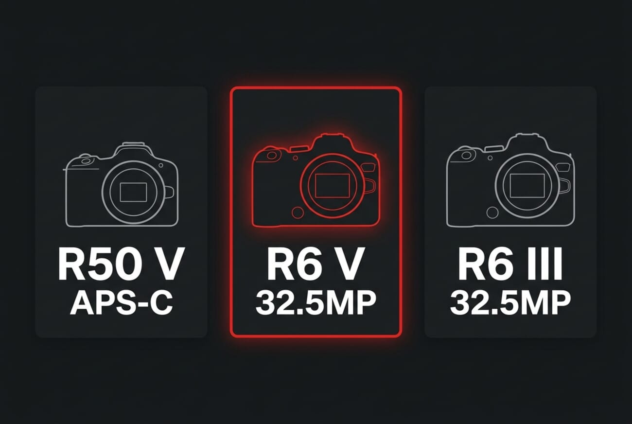 Canon R50 V vs R6 V vs R6 Mark III spec comparison infographic — 32.5MP full-frame sensor shared between R6 V and R6 III