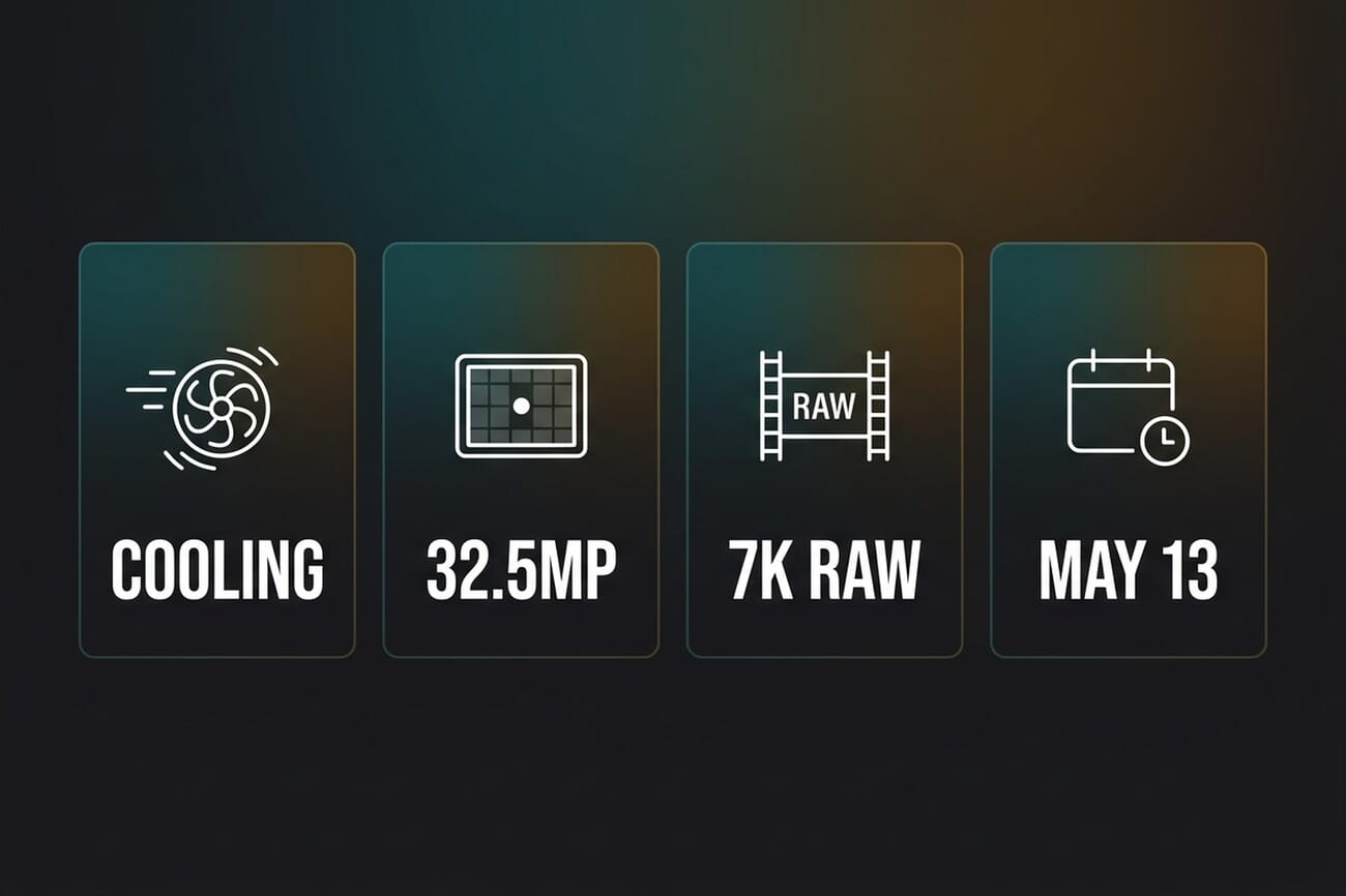 Canon EOS R6 V key confirmed specs infographic — active cooling fan icon, 32.5MP sensor, 7K RAW film strip, May 13 calendar with circled date