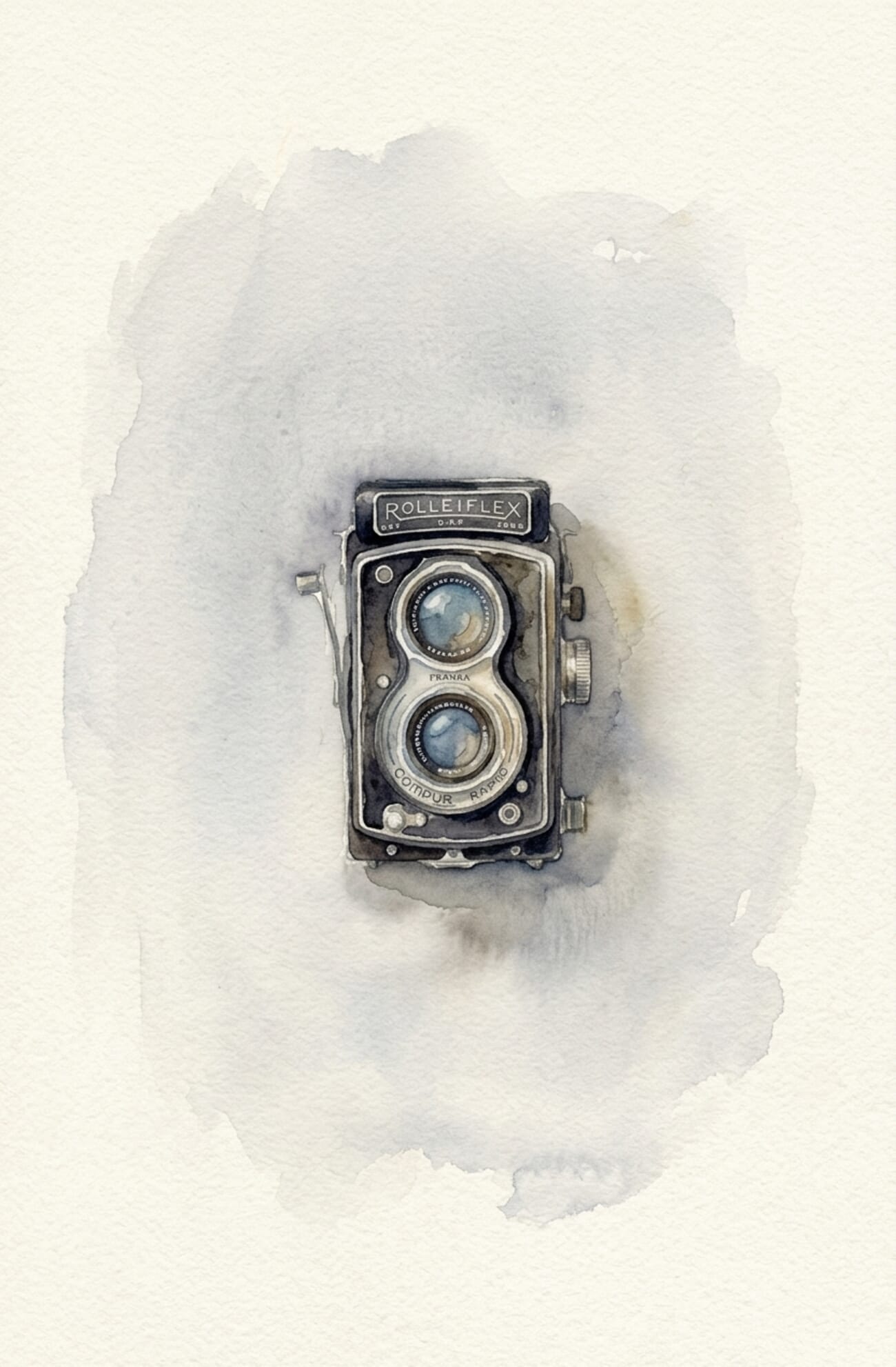 Detailed Gemini watercolor with crisp ROLLEIFLEX and COMPUR text