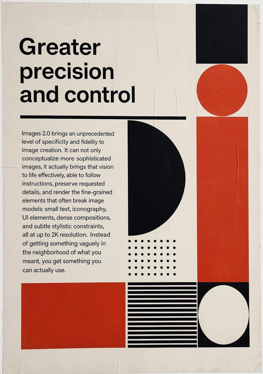 OpenAI sample poster titled Greater Precision and Control, modernist editorial layout