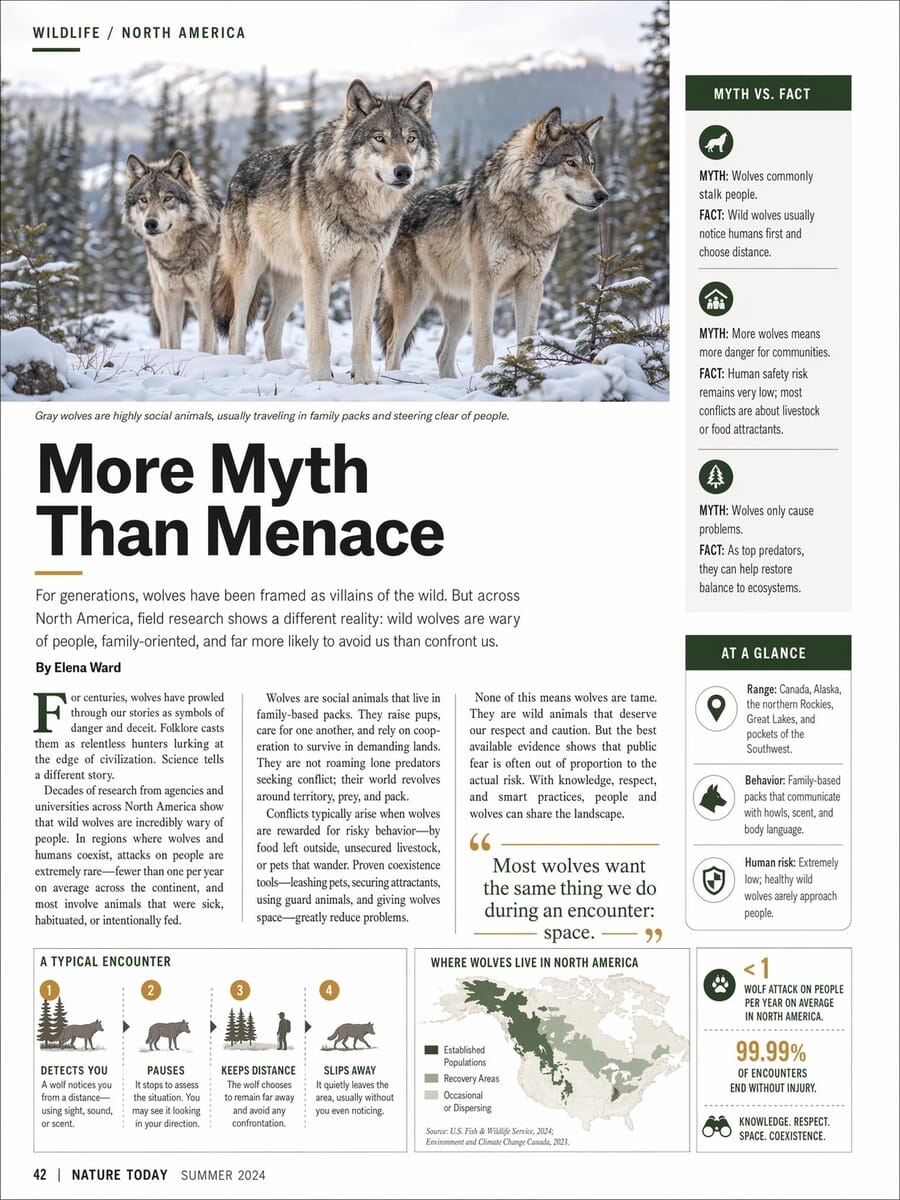 OpenAI Images 2.0 sample showing a wolf-themed magazine spread with multiple text blocks, maps, and callouts
