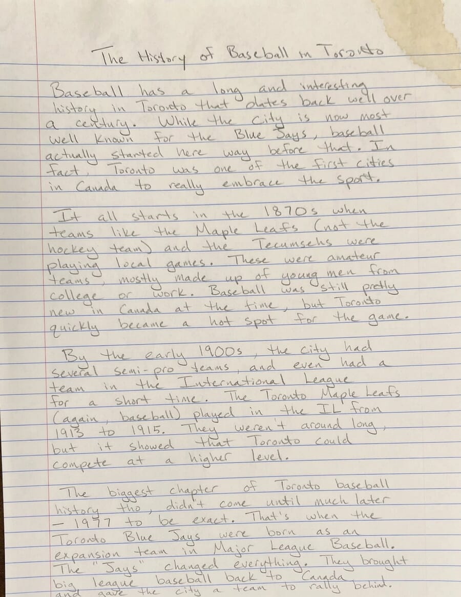 OpenAI sample of a handwritten notebook page on Toronto baseball history