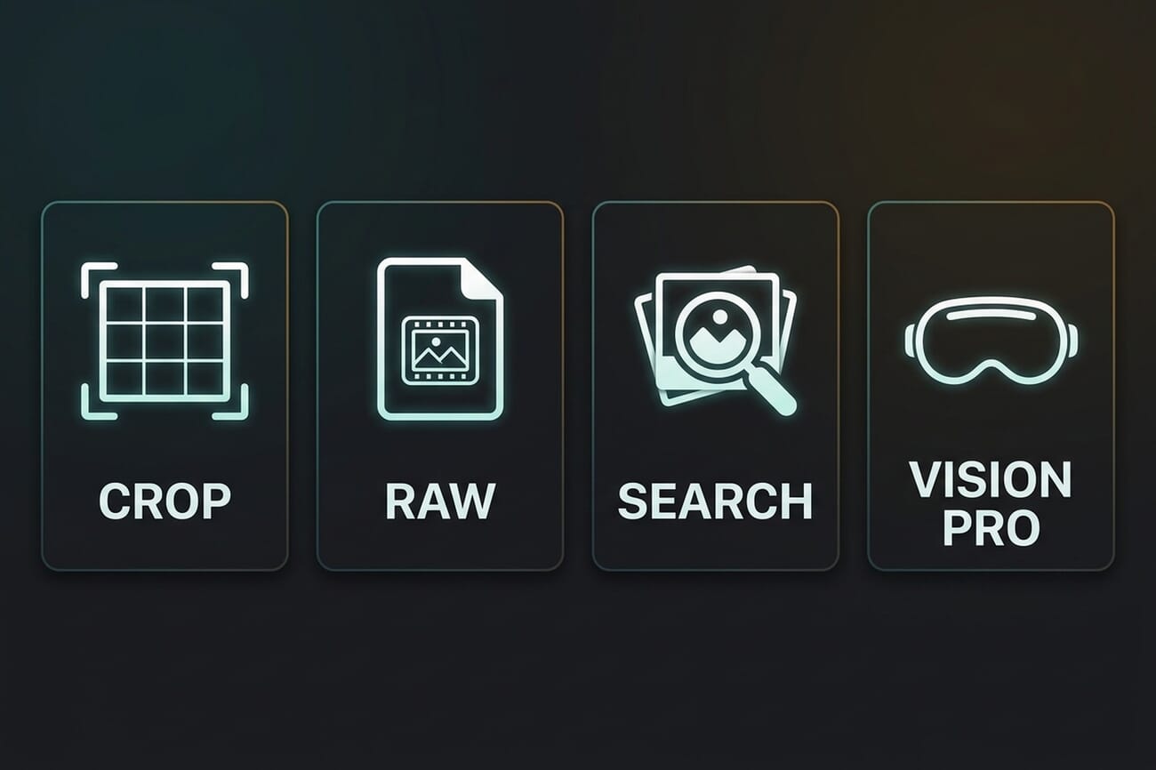Four-card infographic summarising DaVinci Resolve 21 Beta 2 photographer features: Crop, RAW, Search, Vision Pro