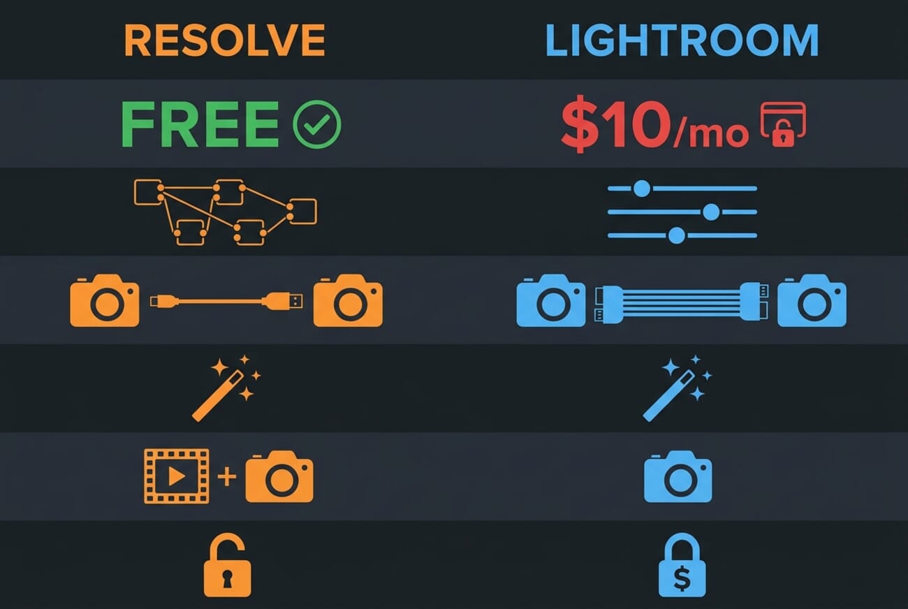 DaVinci Resolve 21 vs Adobe Lightroom comparison infographic showing pricing, workflow, and feature differences