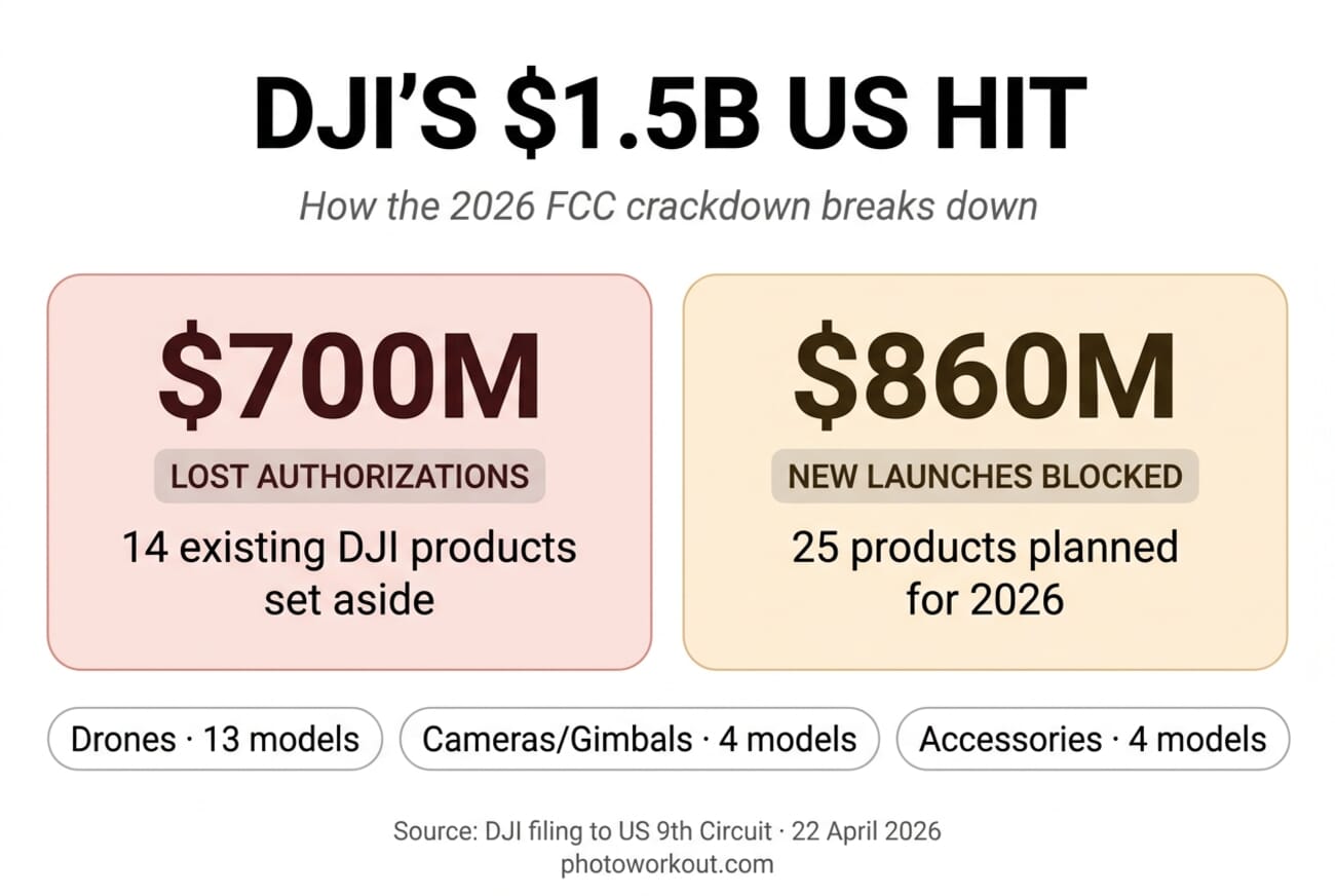 Infographic breaking down DJI's $1.5 billion 2026 loss estimate from the FCC crackdown: $700 million lost authorizations across 14 products, $860 million from 25 blocked new launches
