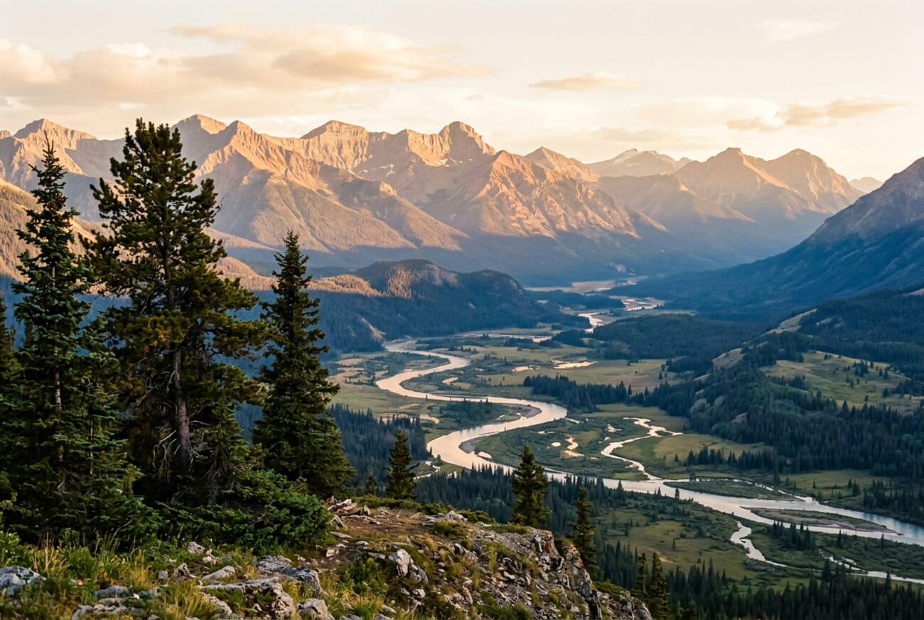Wide mountain valley at golden hour with a winding river and evergreen trees in foreground