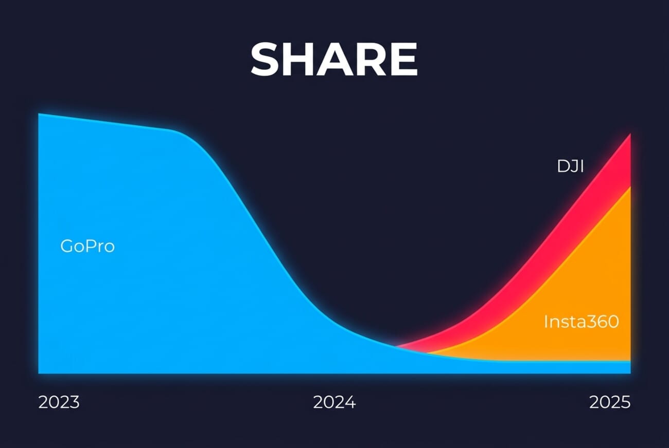 GoPro action camera market share decline from 2023 to 2025, showing DJI and Insta360 taking over