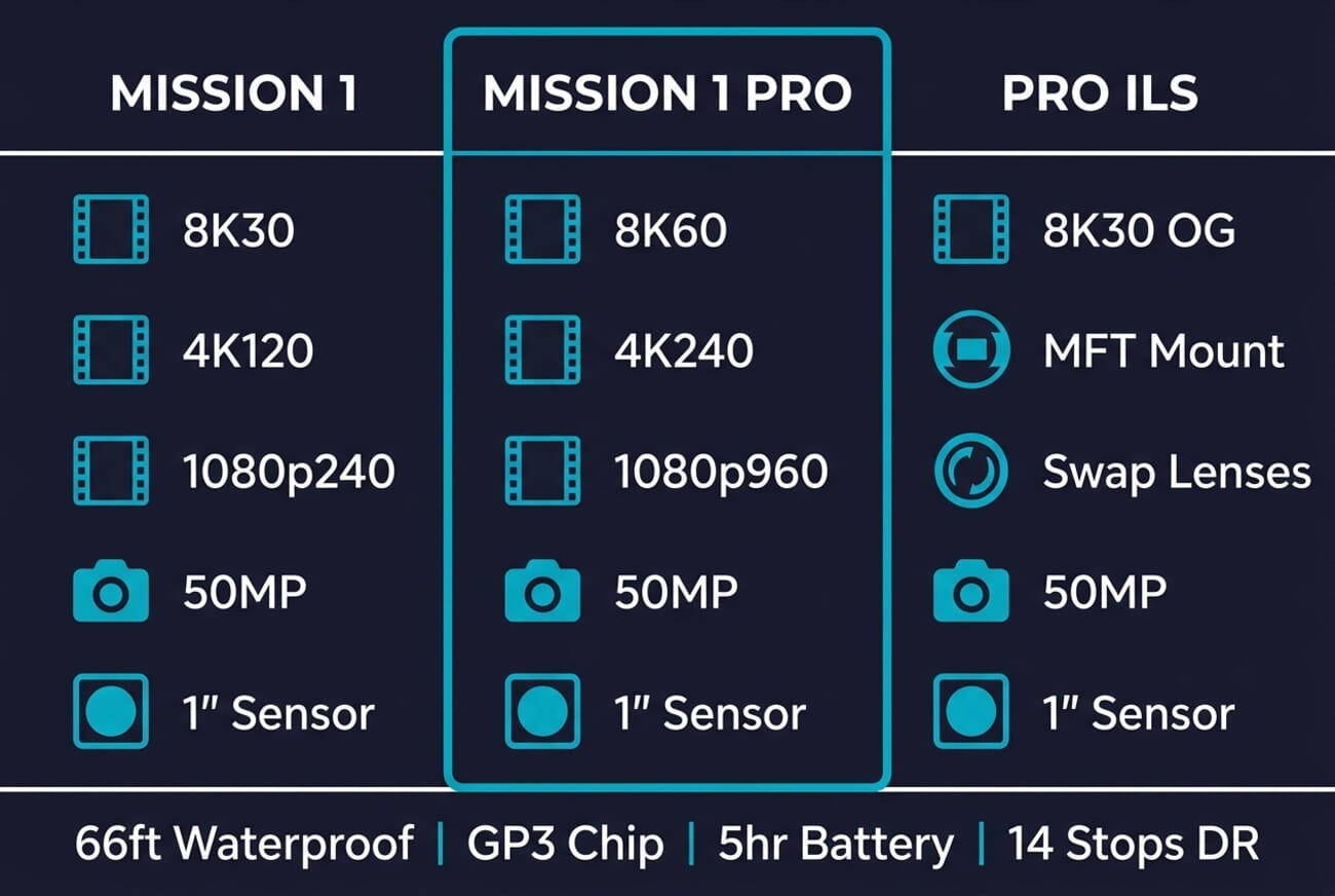 GoPro Mission 1 specs comparison infographic showing the Mission 1, Mission 1 Pro, and Pro ILS side by side