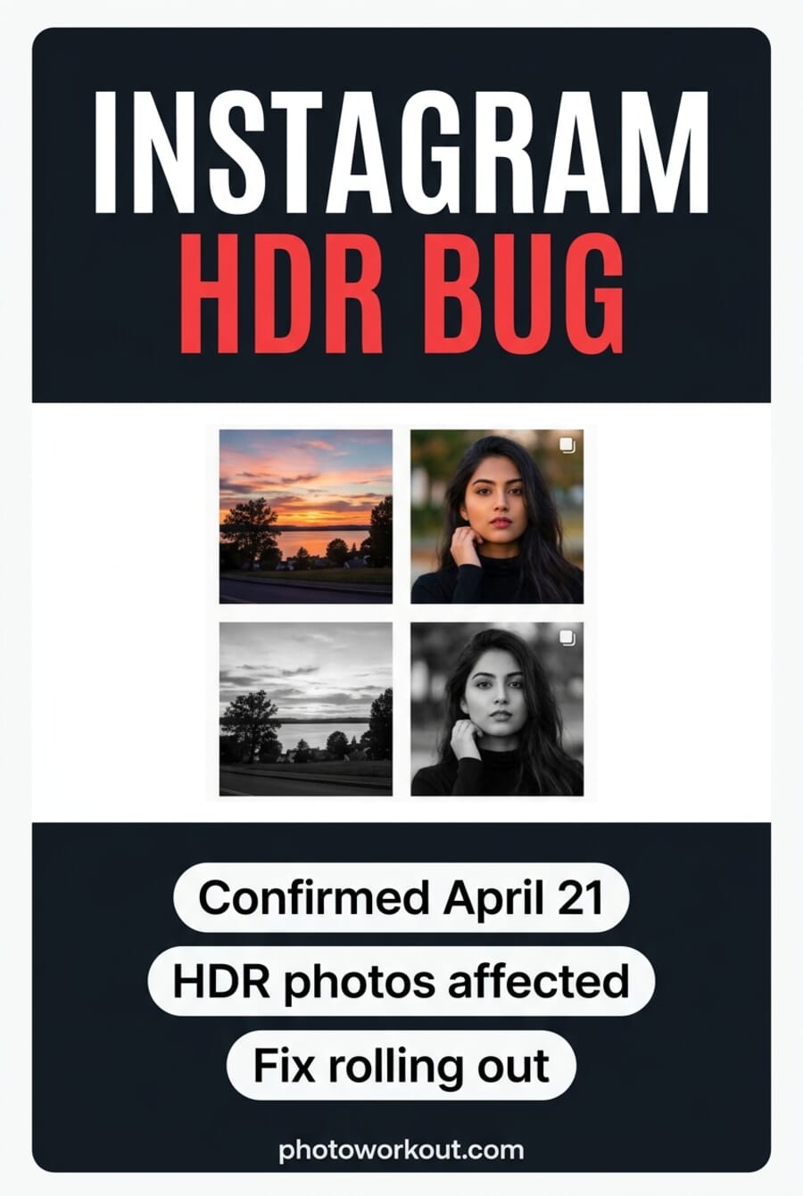 Instagram HDR Bug confirmed April 21 — summary graphic showing affected HDR photos rendering in black and white