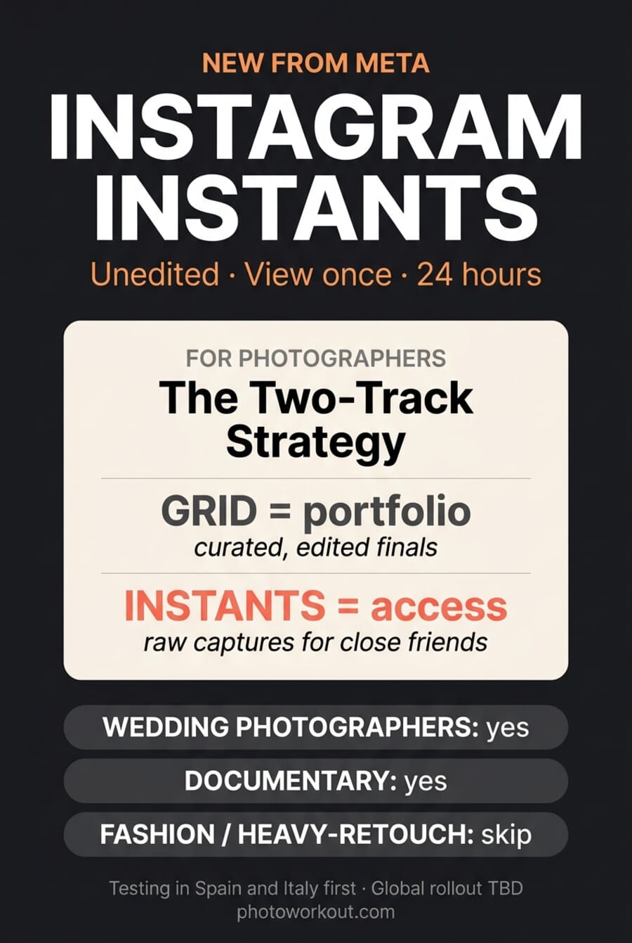 Summary pin — Instagram Instants: two-track social strategy for photographers, grid as portfolio and Instants as access channel