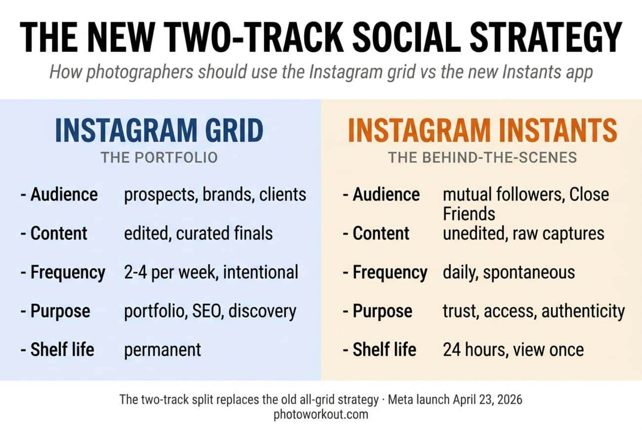 Two-column editorial chart comparing the Instagram grid vs Instants app for photographers — grid is the curated portfolio, Instants is the behind-the-scenes access channel
