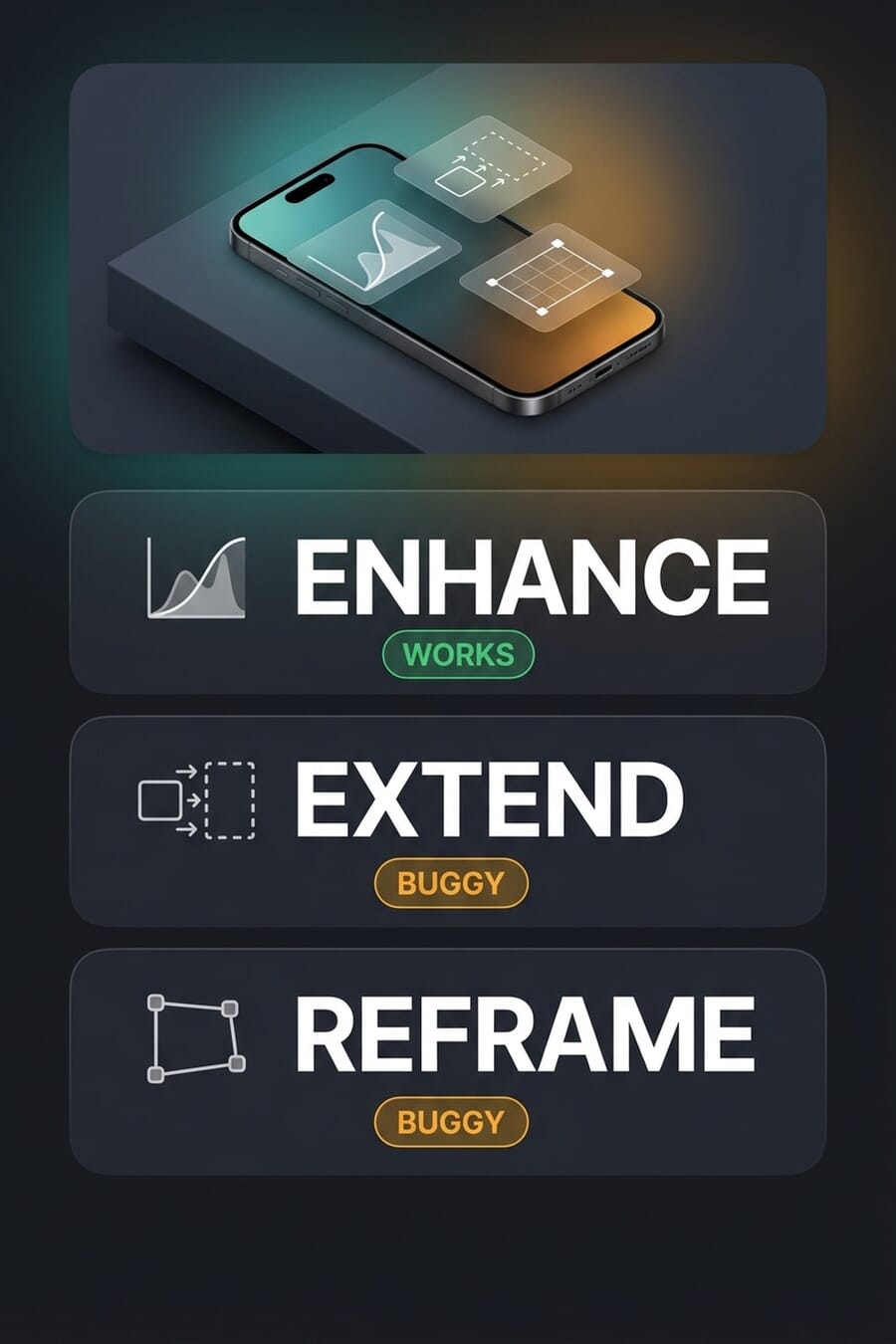 iOS 27 Photos app AI tools pin: iPhone with floating Enhance, Extend, and Reframe panels, plus status indicators showing Enhance works while Extend and Reframe are buggy