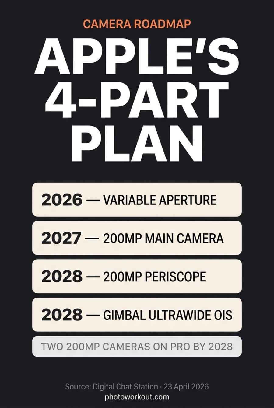 Vertical Pinterest infographic: Apple's 4-part iPhone camera plan across 2026, 2027, and 2028 including variable aperture, 200MP main camera, 200MP periscope, and gimbal ultrawide OIS