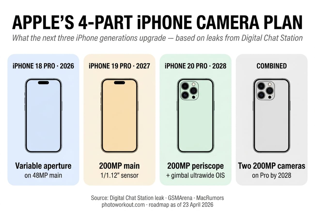 Infographic showing Apple's four-part iPhone camera upgrade plan across 2026, 2027, and 2028: iPhone 18 Pro variable aperture, iPhone 19 Pro 200MP main, iPhone 20 Pro 200MP periscope, and gimbal-style ultrawide OIS