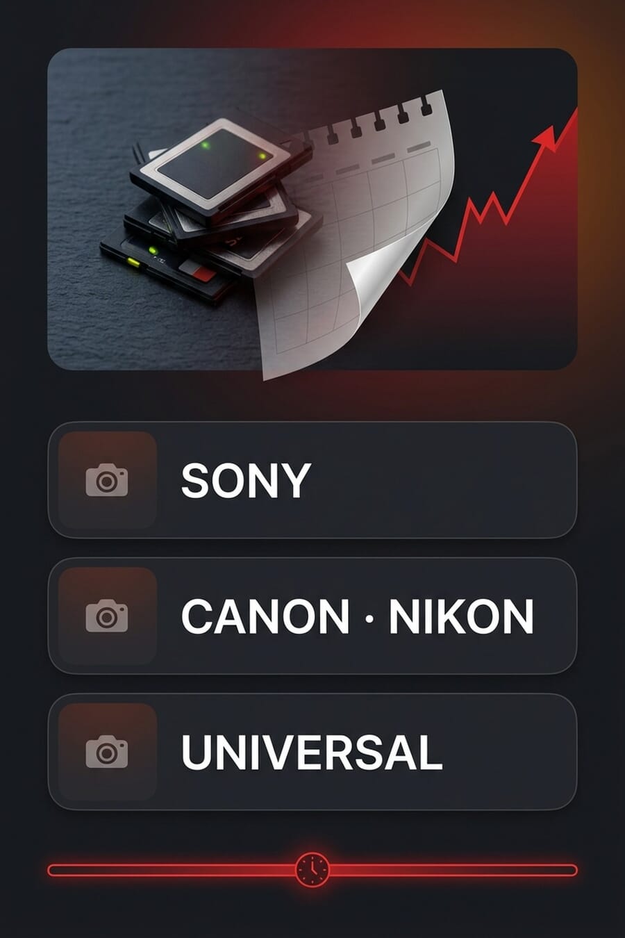 Vertical pin: stack of memory cards with calendar tear and red price-rise arrow at top, three system cards stacked below labelled SONY, CANON · NIKON, UNIVERSAL, with urgency clock at bottom