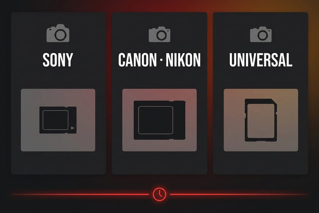 Three-card buying-by-camera-system infographic showing the three memory card formats — Sony CFexpress Type A, Canon and Nikon CFexpress Type B, and universal SD UHS-II V90 — with a red urgency banner at the bottom