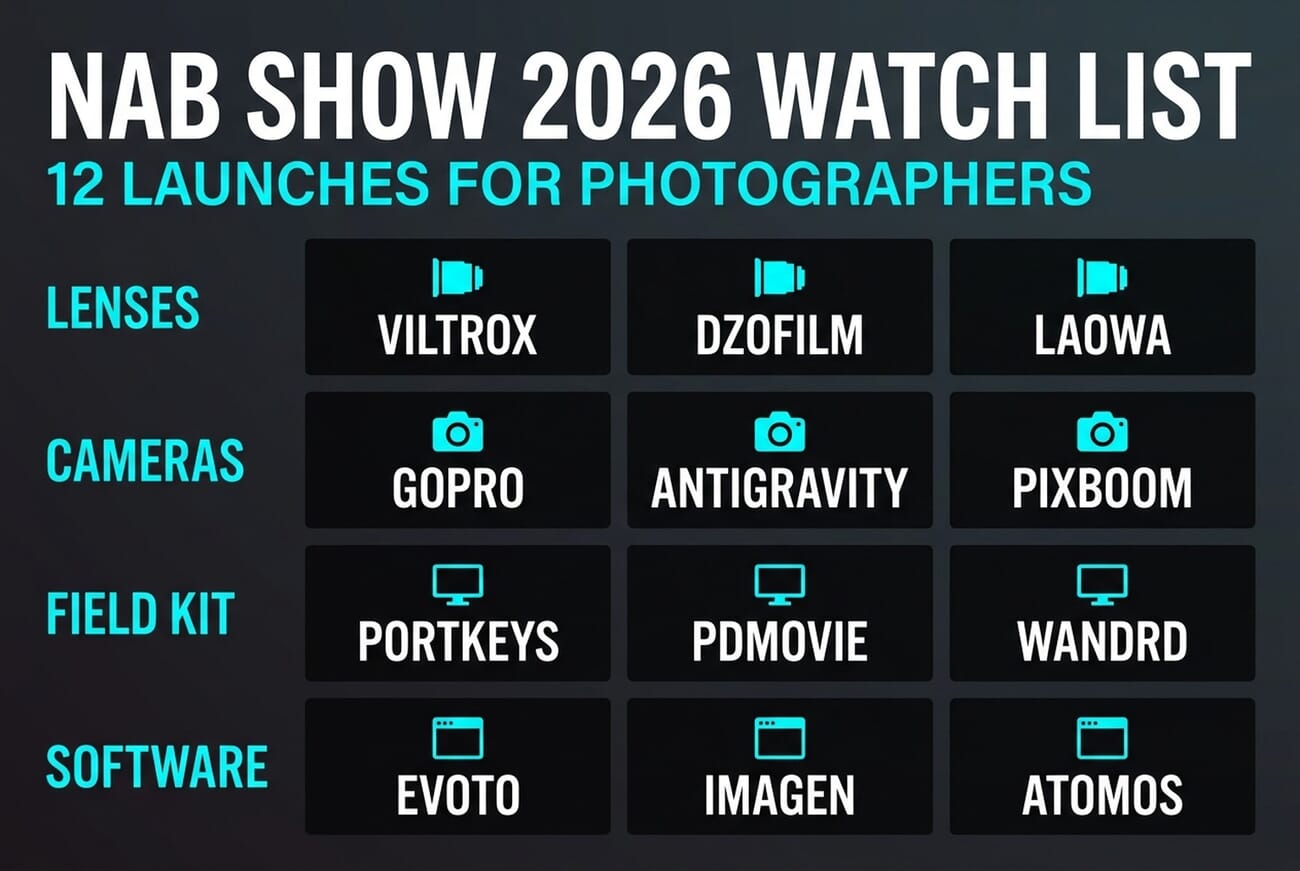 NAB Show 2026 Watch List: 12 launches across lenses, cameras, field kit, and software categories for photographers and hybrid creators
