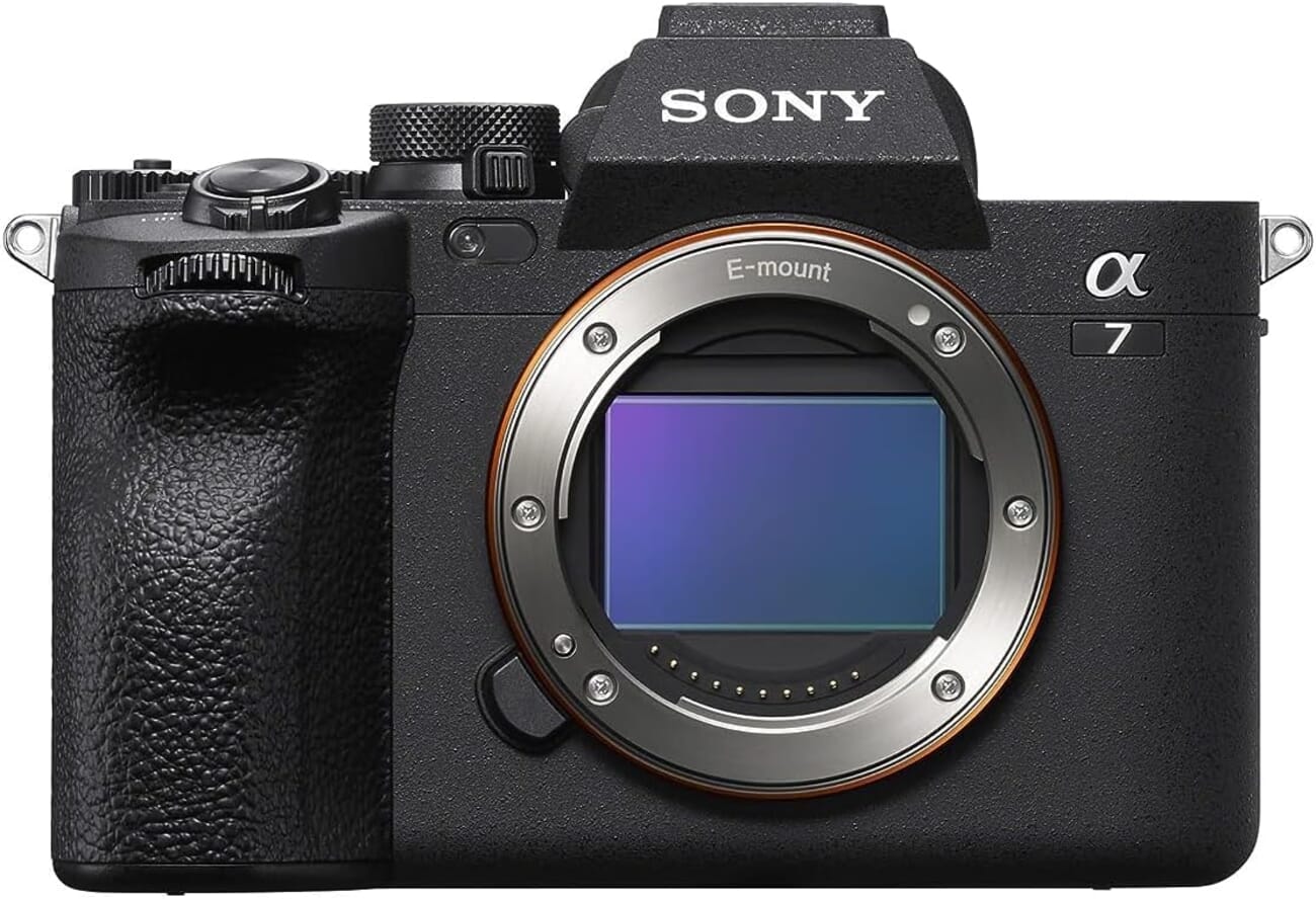 Sony Alpha 7 IV full-frame mirrorless body photographed against a white background