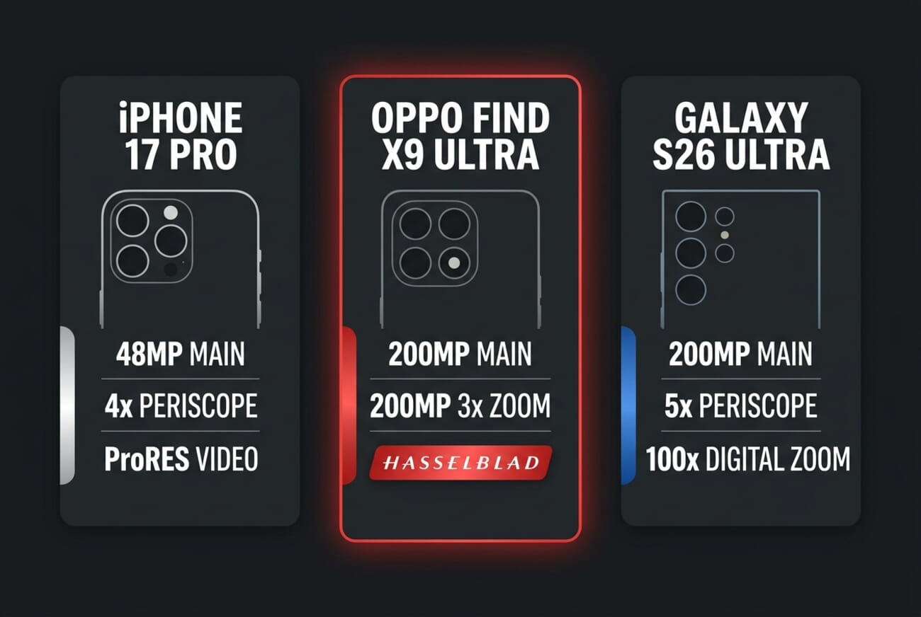 Camera spec comparison between iPhone 17 Pro, Oppo Find X9 Ultra, and Galaxy S26 Ultra — 2026 flagship camera phone breakdown