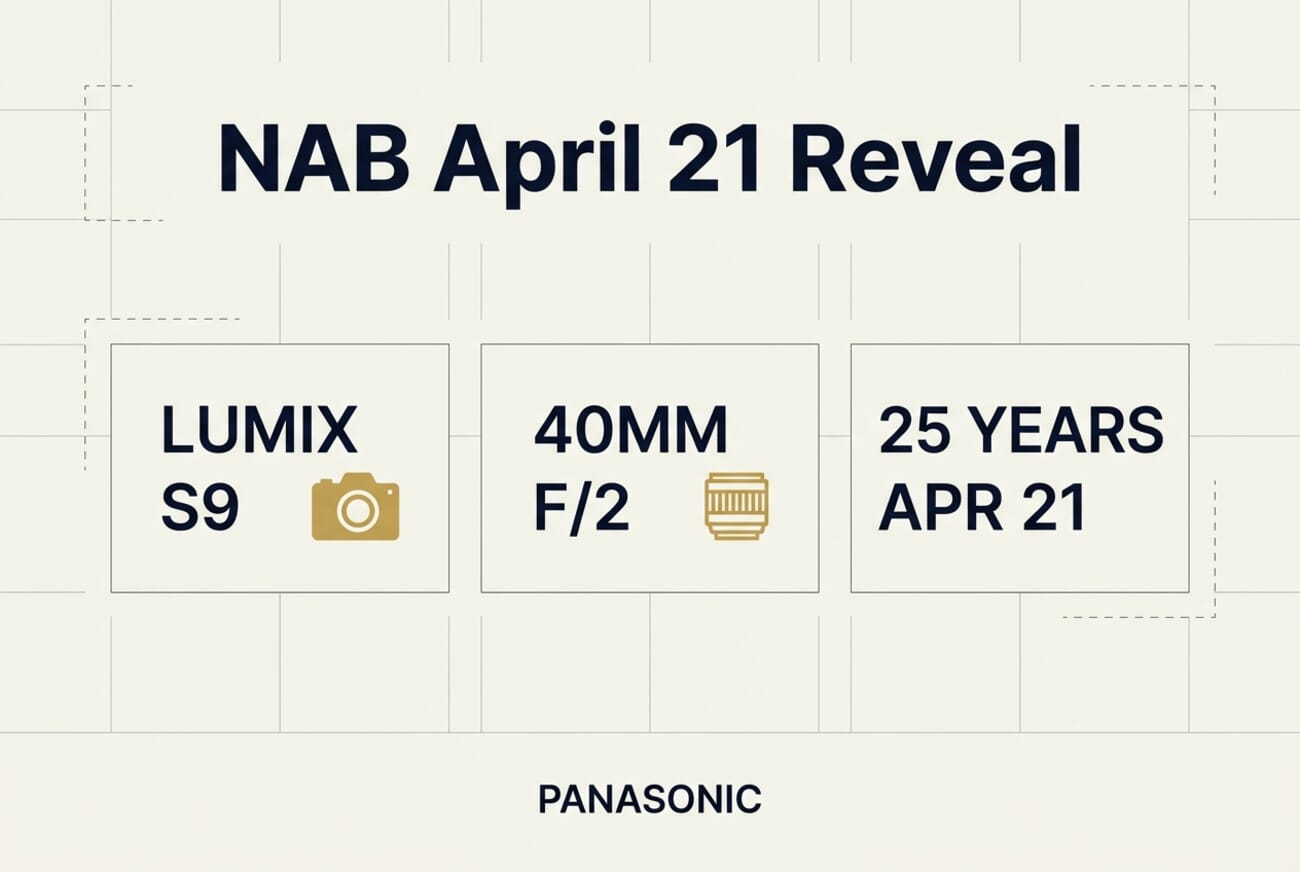 Panasonic NAB 2026 reveal infographic showing April 21 date, Lumix S9, 40mm f/2 prime, and LUMIX 25 years anniversary tag