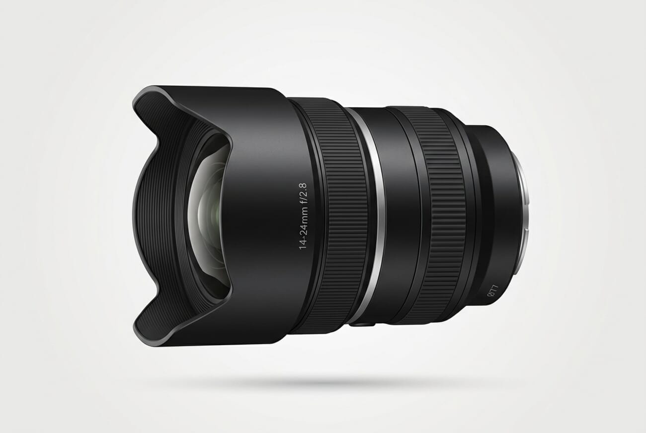 Editorial product illustration of the Samyang 14-24mm f/2.8 L-Mount ultra-wide zoom lens showing the petal lens hood and engraved specs