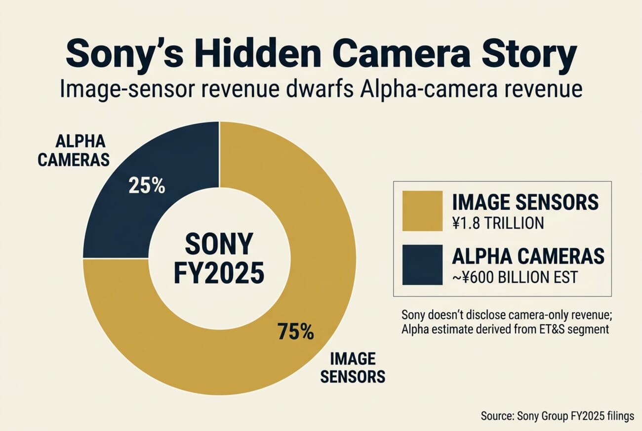Sony FY2025 revenue pie: Image Sensors 75% (¥1.8 trillion), Alpha Cameras 25% (~¥600 billion estimated)
