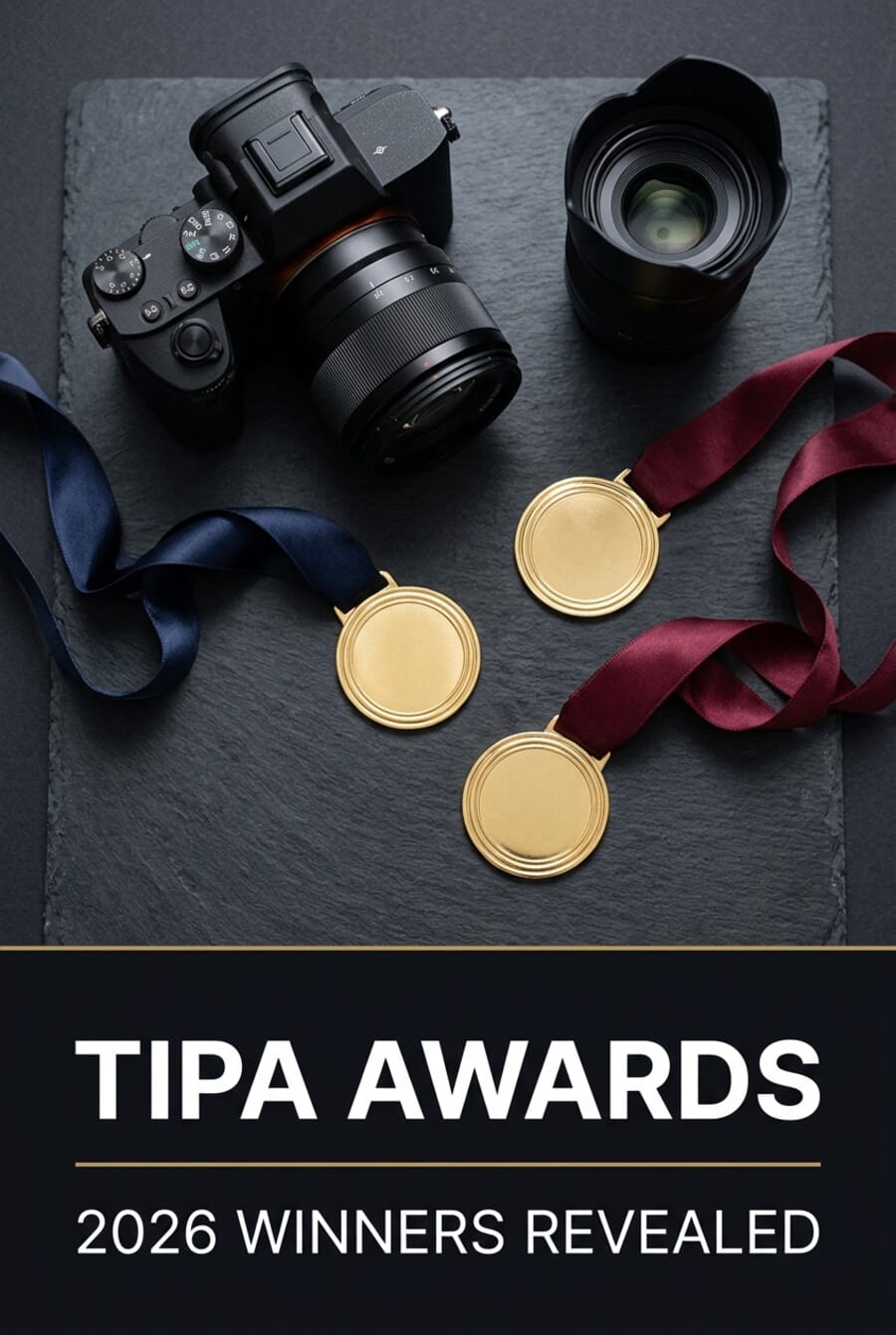 TIPA Awards 2026 Winners Revealed — Pinterest pin showing camera, lens, and gold medals on slate