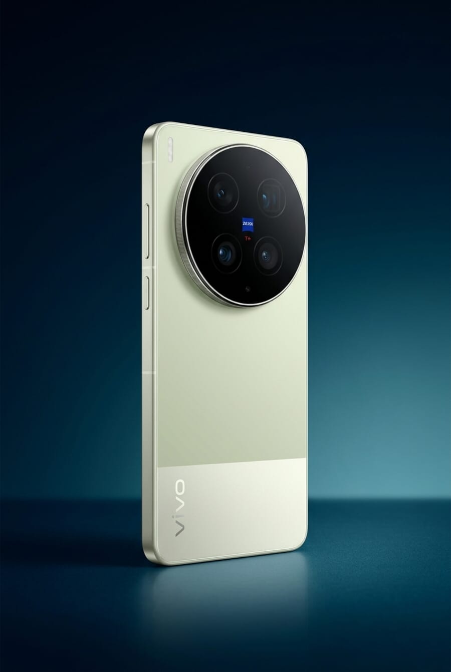 Vivo X300 Ultra smartphone showing the Zeiss triple camera system in sage green color