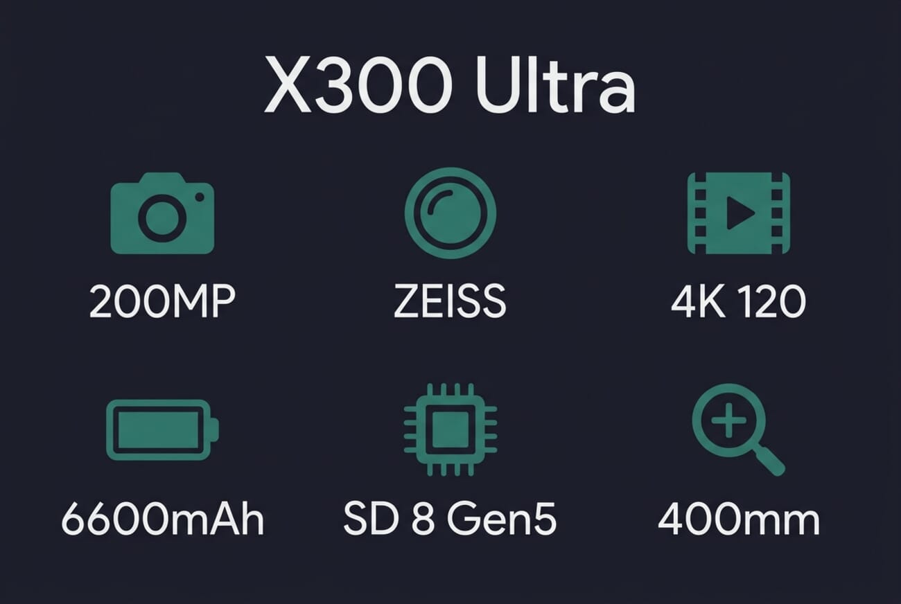 Vivo X300 Ultra key specs infographic showing 200MP camera, Zeiss optics, 4K 120fps video, 6600mAh battery, Snapdragon 8 Gen 5, and 400mm telephoto