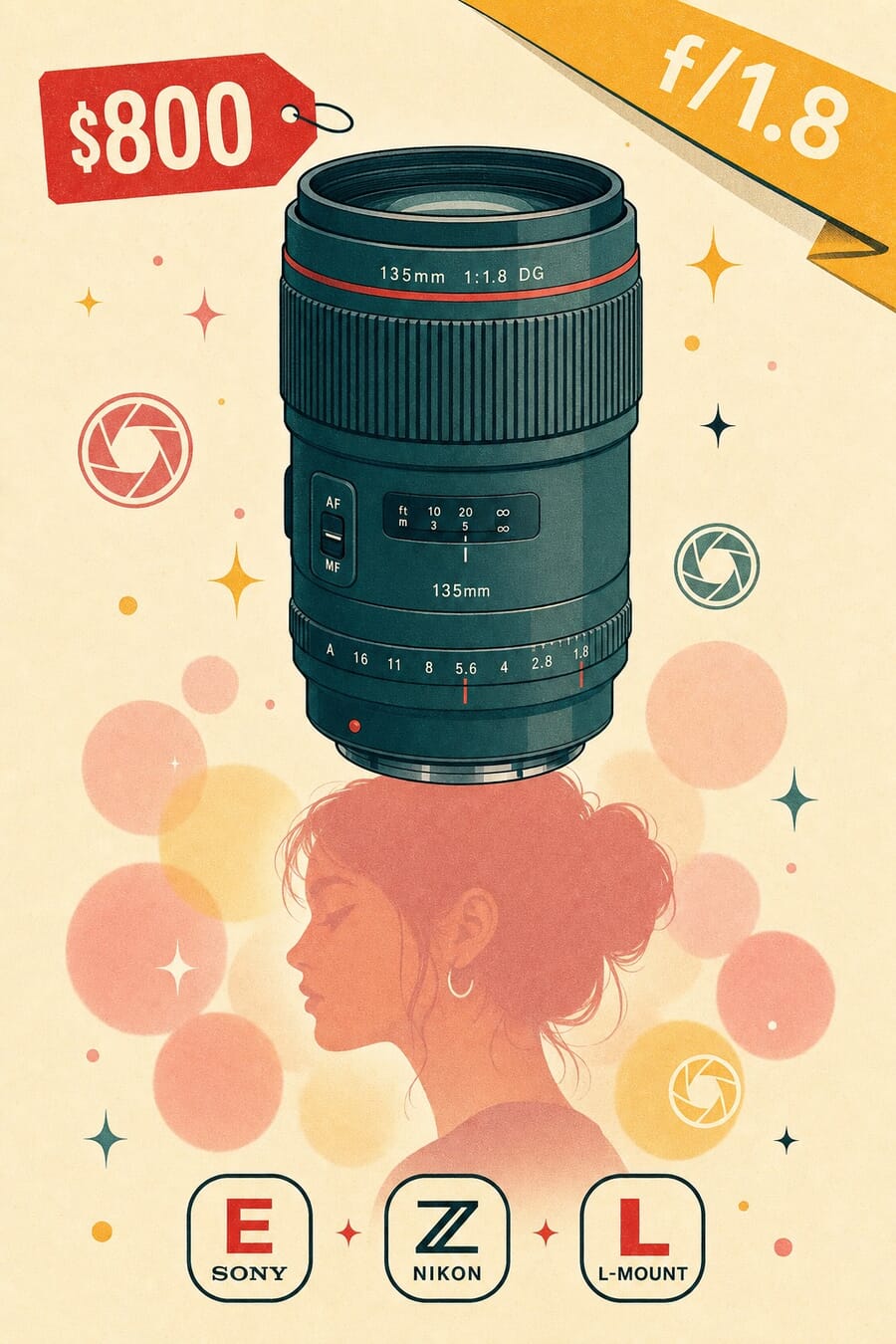 Vertical illustration: 7Artisans 135mm f/1.8 portrait prime with Sony E, Nikon Z, and L-mount badges