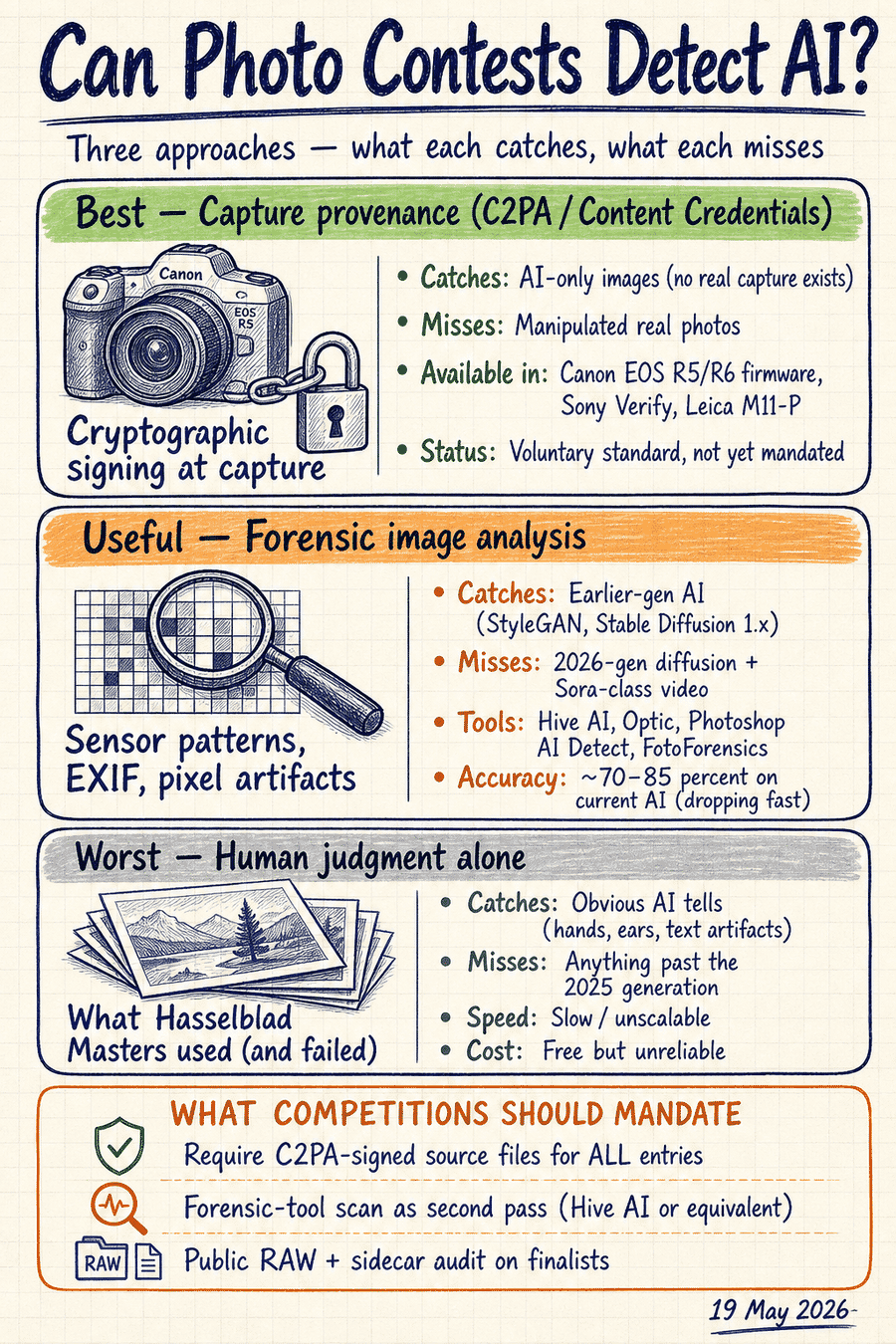 Vertical hand-drawn editorial sketchnote comparing three approaches to detecting AI images in photo competitions: capture-provenance via C2PA (green card, top — best, catches AI-only images), forensic image analysis (orange card, middle — useful, catches 70-85 percent of current AI), and human judgment alone (grey card, bottom — worst, what Hasselblad Masters used and failed). Plus a WHAT COMPETITIONS SHOULD MANDATE callout listing three procedural fixes.