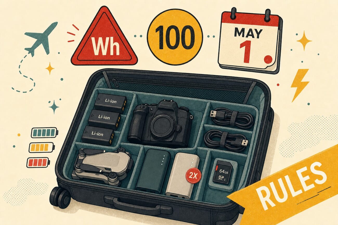 Editorial illustration: open carry-on suitcase with camera, batteries, and power banks under a 100 Wh airline rule