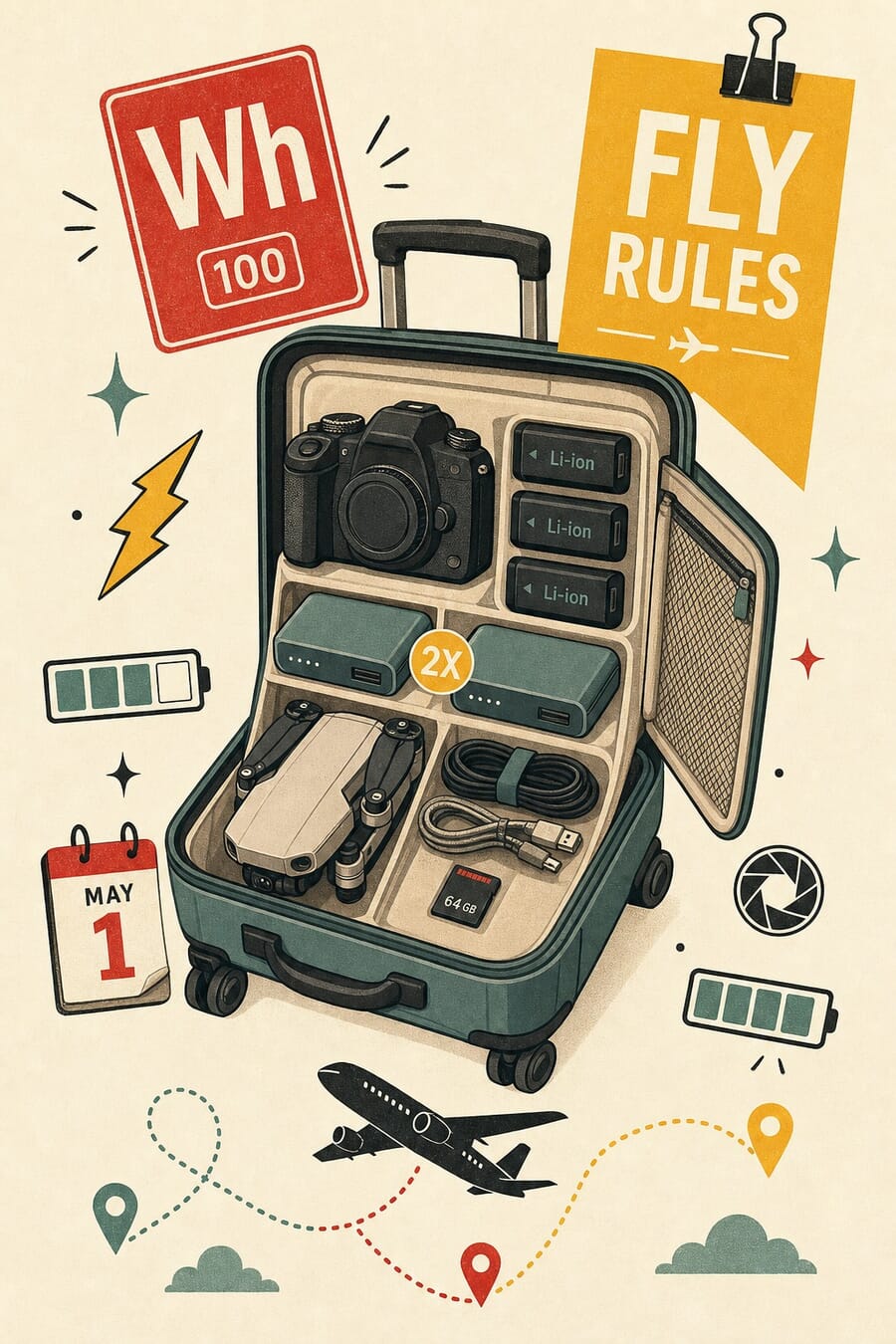 Vertical illustration of a carry-on suitcase, camera batteries, and the 100 Wh airline limit for May 1 2026