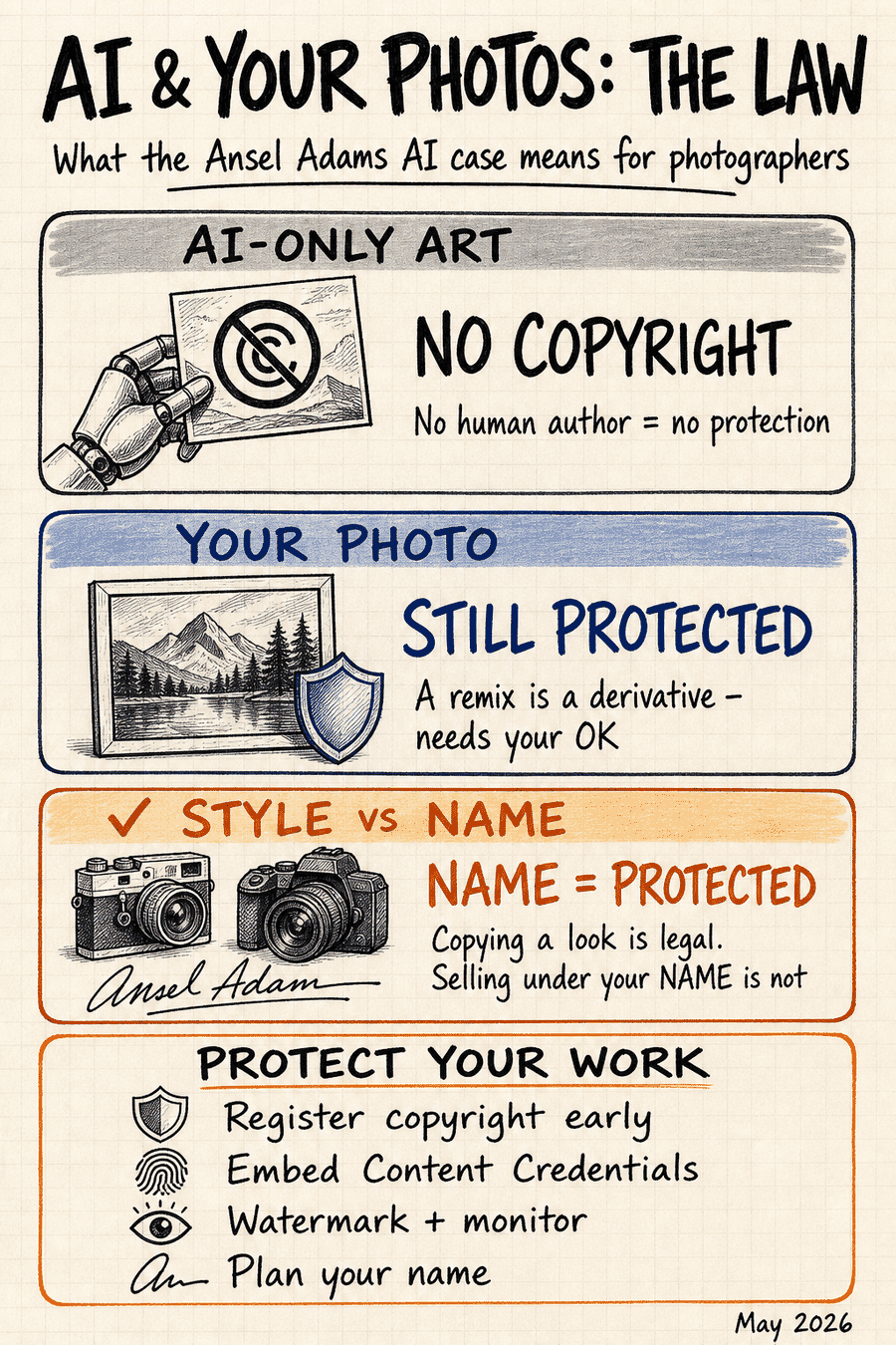 Napkin-sketch summary of AI photography copyright rules: AI-only art gets no copyright, your original photo stays protected, style is free but your name is protected, plus four ways to protect your work