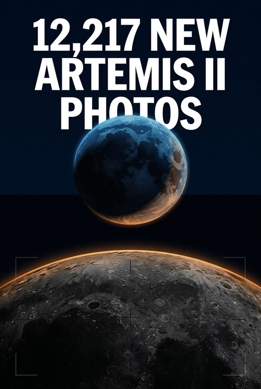 Vertical pin graphic featuring “12,217 NEW ARTEMIS II PHOTOS” headline above the Earth and Moon