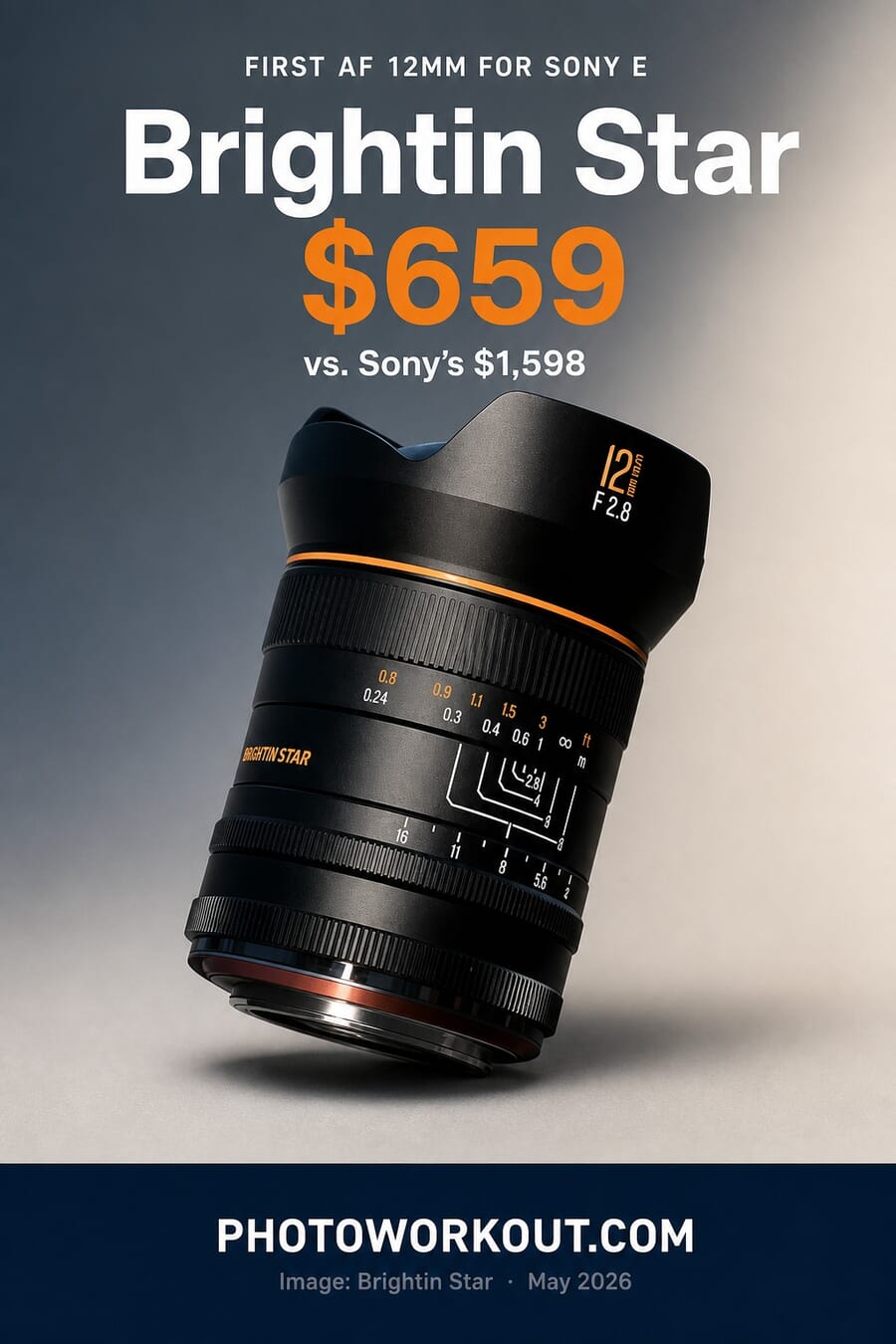 Brightin Star AF 12mm f/2.8 lens for Sony E-mount, vertical product portrait with price callout