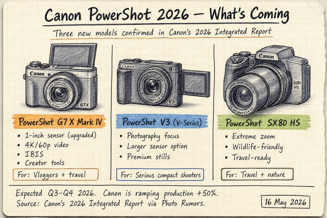 Hand-drawn editorial sketch showing the three confirmed Canon PowerShot 2026 lineup models: PowerShot G7 X Mark IV (vloggers + travel), PowerShot V3 V-Series (serious compact shooters), PowerShot SX80 HS (travel + nature), with specs per model and a footer note about Q3-Q4 expected release and Canon's 50% production ramp