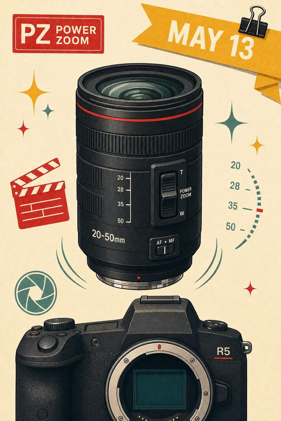 Vertical illustration of the Canon RF 20-50mm f/4L PZ lens with R5 body silhouette and May 13 launch banner