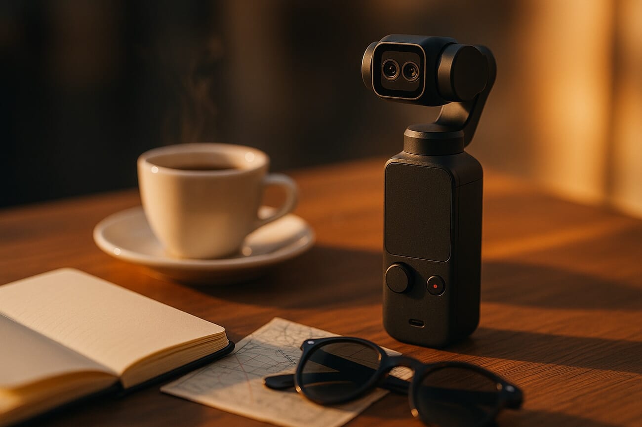 DJI Osmo Pocket 4P pocket camera in an editorial cafe travel scene at golden hour