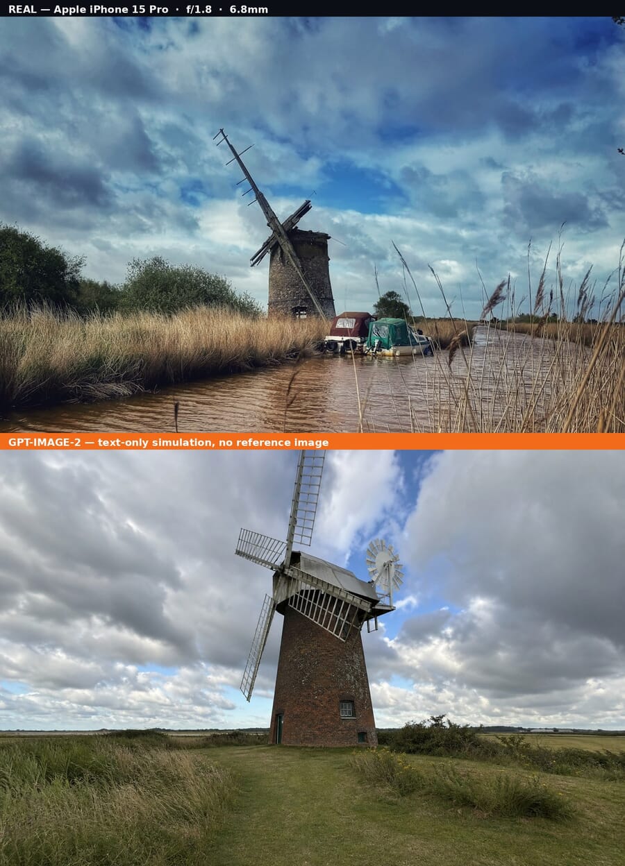 Comparison: real Apple iPhone 15 Pro photo (top) vs gpt-image-2 text-only simulation (bottom), The Devils Windmill Norfolk scene