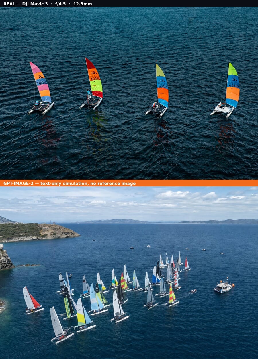Comparison: real DJI Mavic 3 photo (top) vs gpt-image-2 text-only simulation (bottom), Sailors lining up for start during Hobie Cat Multi Europeans 2025 scene