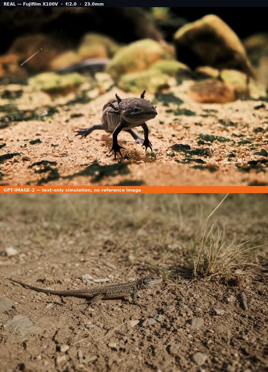Comparison: real Fujifilm X100V photo (top) vs gpt-image-2 text-only simulation (bottom), a small lizard walking across a dirt field scene