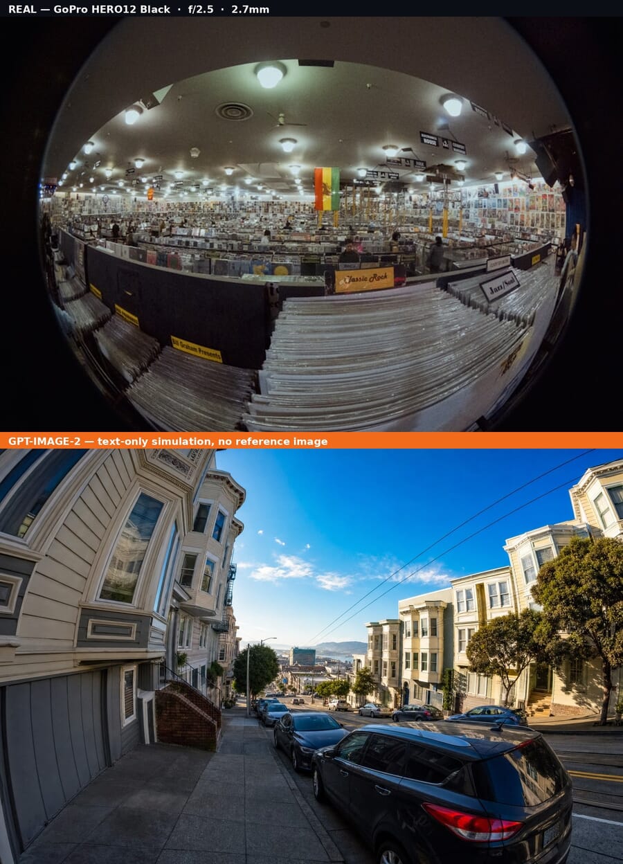 Comparison: real GoPro HERO12 Black photo (top) vs gpt-image-2 text-only simulation (bottom), San Francisco Walk 004 scene