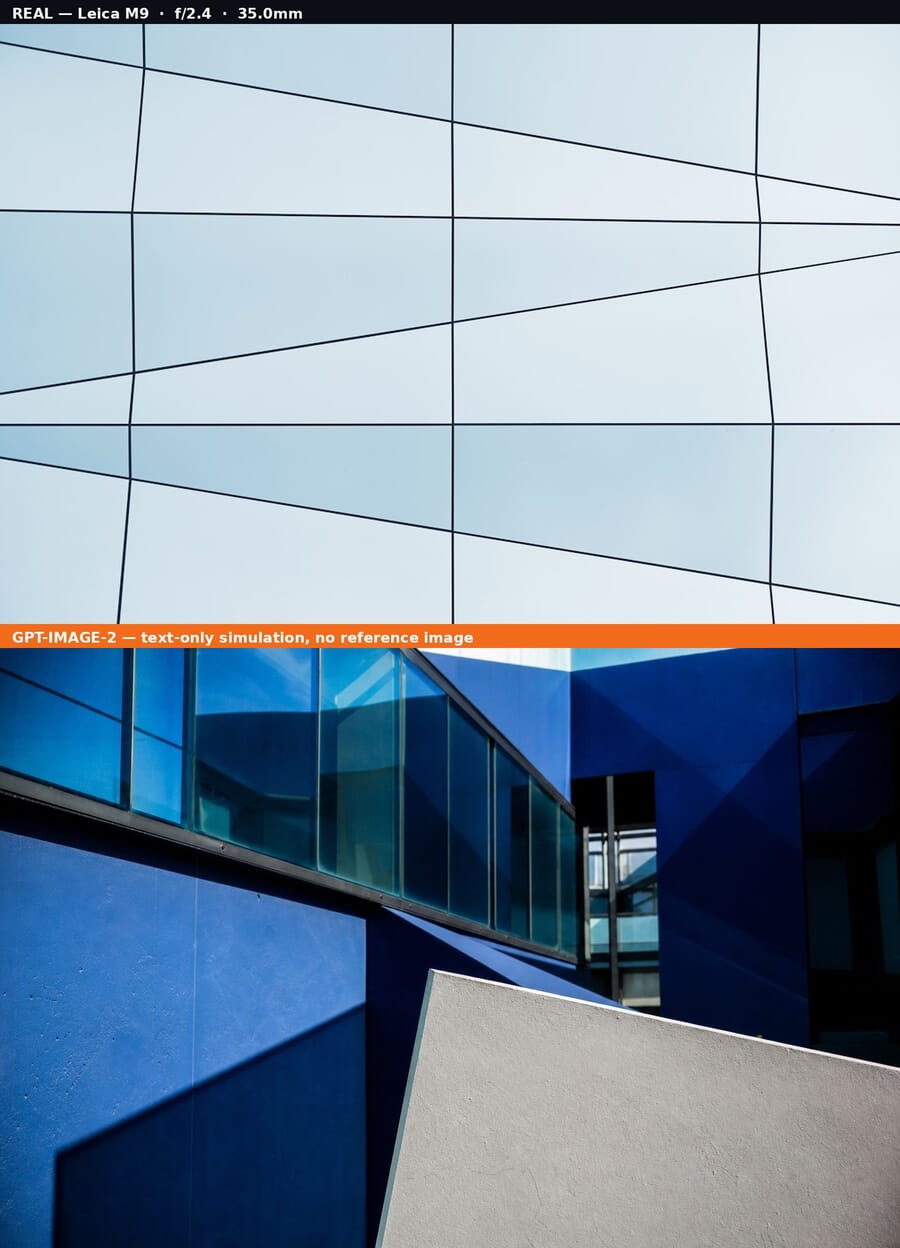 Comparison: real Leica M9 photo (top) vs gpt-image-2 text-only simulation (bottom), Geometric Symphony in Blue scene